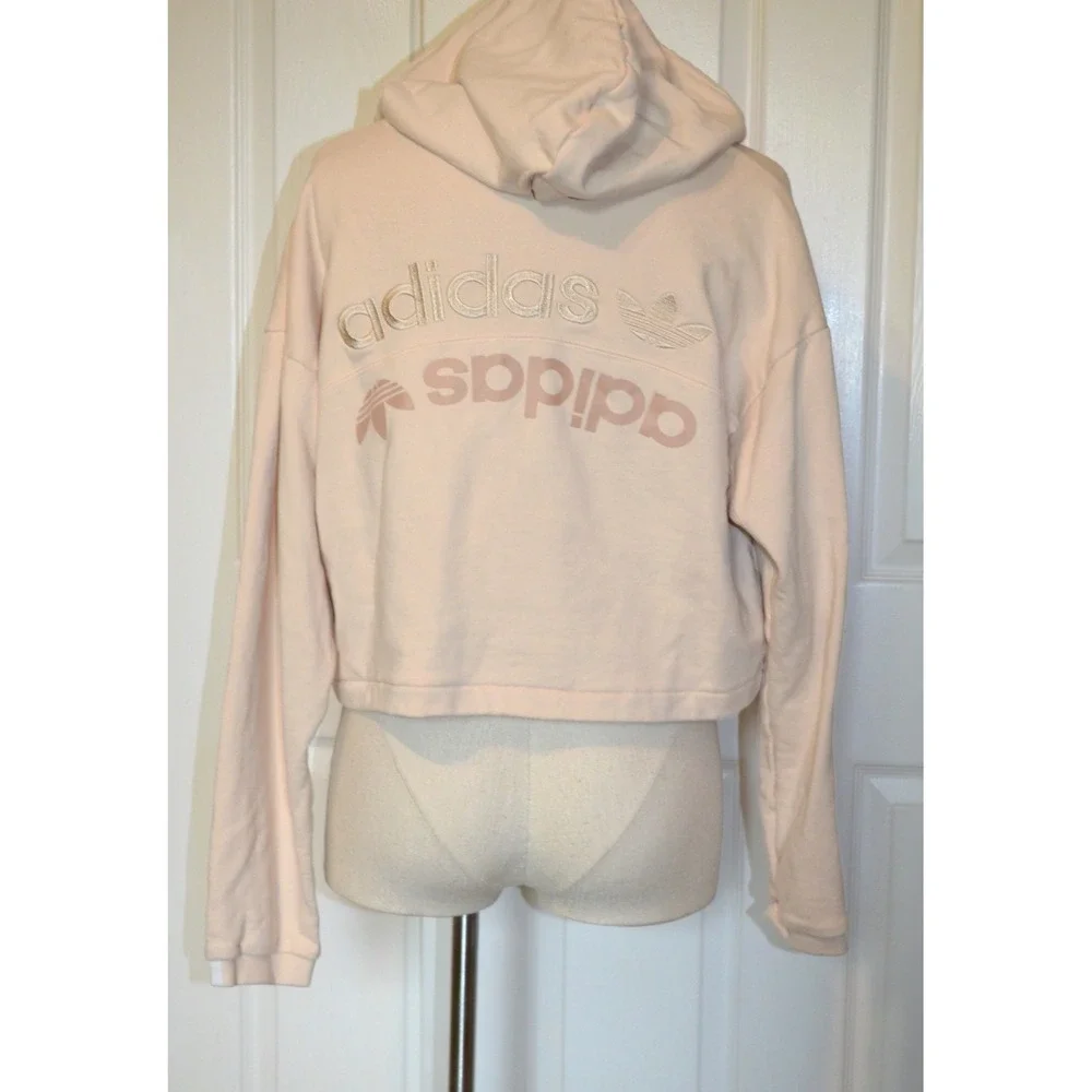 Adidas‎ Women's L Oversized Beige Cropped Hoodie Pullover Sweatshirt Logo